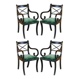 Vintage English Regency Green Velvet Dining Chairs, Set of 4 For Sale