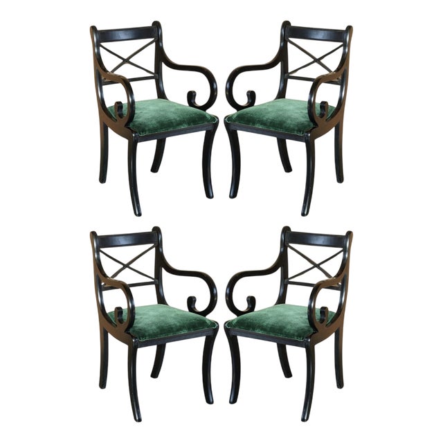 Vintage English Regency Green Velvet Dining Chairs, Set of 4 For Sale