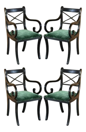 Vintage English Regency Green Velvet Dining Chairs, Set of 4