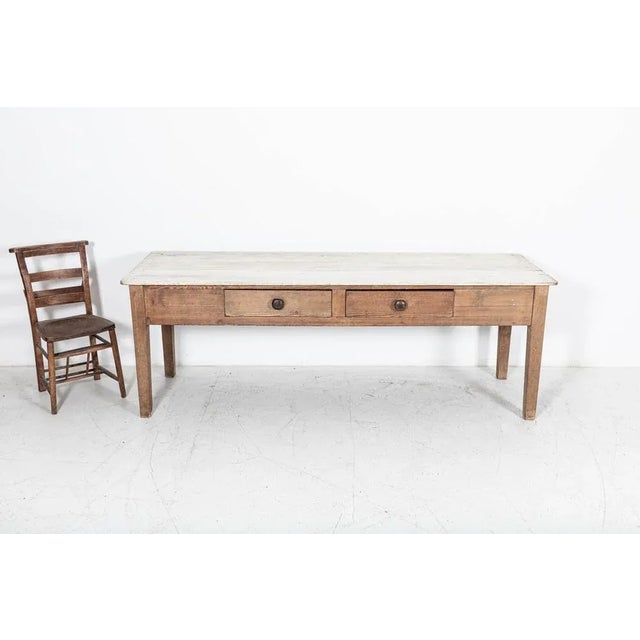 Antique Circa 1880 19thC English prep table with bleached scrubbed top and two drawers Original hardware Measures: W 215 x...