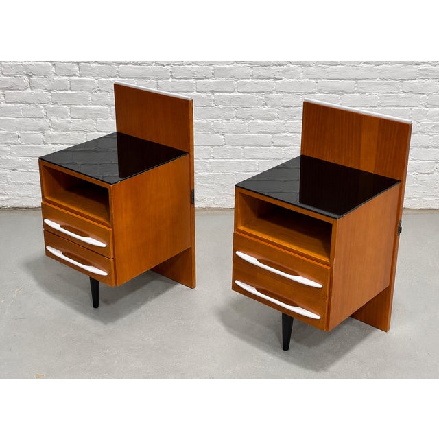 Wood Pair of Mid Century Modern Floating Nightstands + Black Glass Tops by Mojmir Pozar for Up Zavody, C. 1950s For Sale - Image 7 of 14