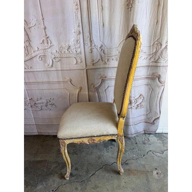 Set of 14 French Louis XV Style Distressed Dining Chairs With Linen For Sale - Image 10 of 17