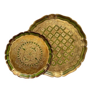 Mid 20th Century Italian Gilt Stamped Wood Trays- a Pair For Sale