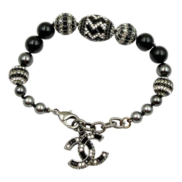 Chanel Gunmetal Art Deco Crystal Black Bead Bracelet For Sale
