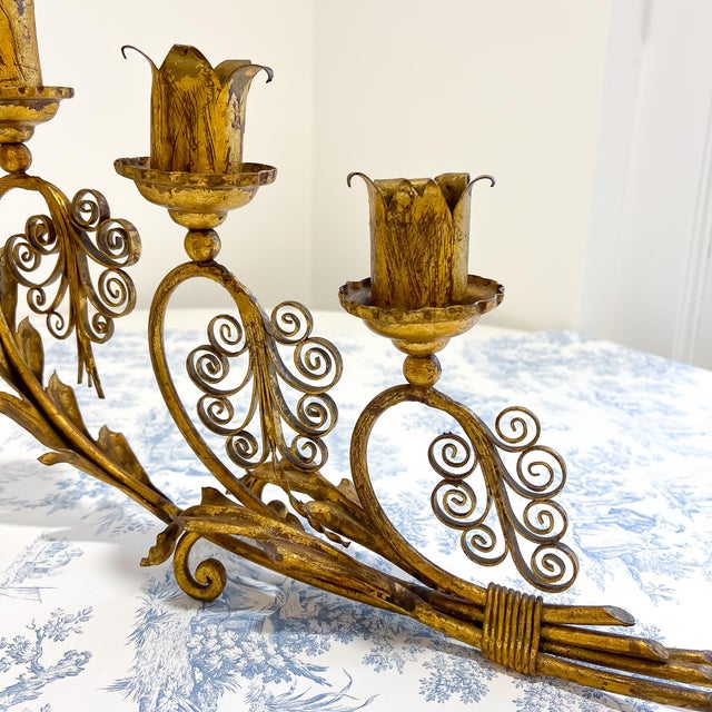 Shabby Chic 1970s Golden Italian European Gothic Wrought Iron 3-Candle Candelabra For Sale - Image 3 of 7