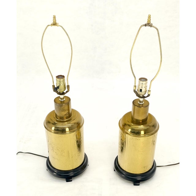 Pair of Asian Style c1070s Cylinder Shape Base Table Lamps Wooden Feet MINT! For Sale - Image 17 of 17