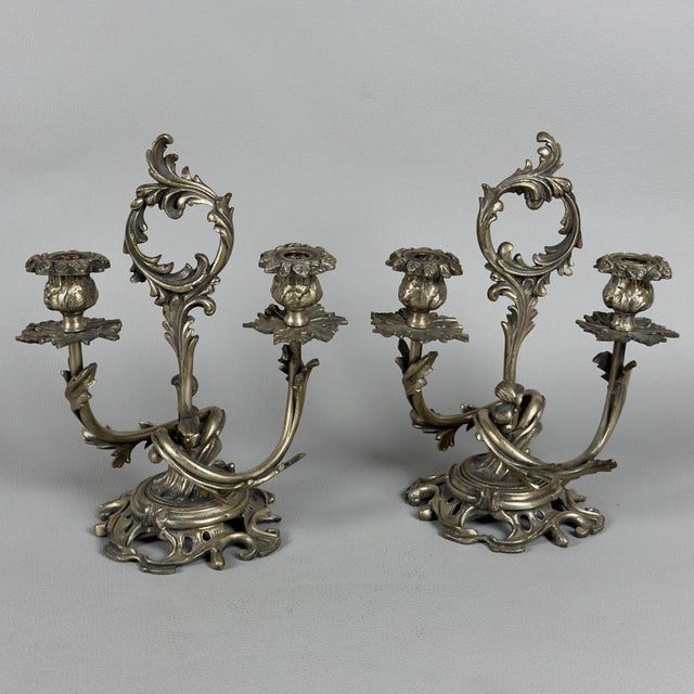 Art Nouveau Silver-Plated Brass Candelabras, Set of 2 For Sale - Image 4 of 14