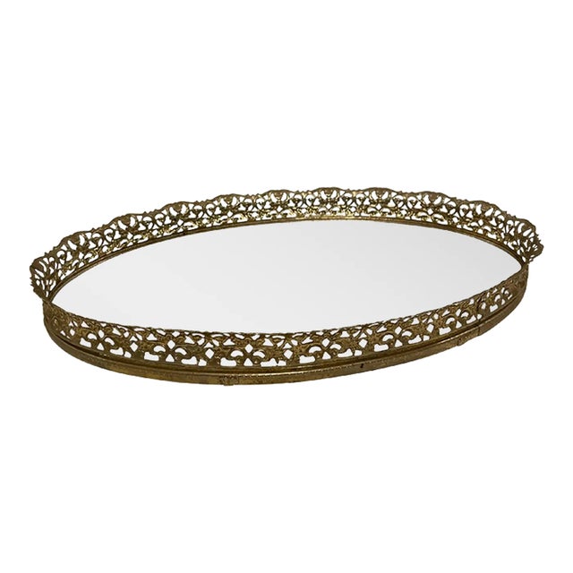 Vintage Reticulated Brass Oval Mirror Tray For Sale