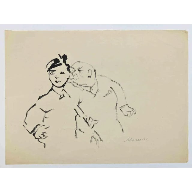 The Couple is a China ink Drawing realized by Mino Maccari (1924-1989) in 1950 ca. Hand-signed on the lower margin. Good...