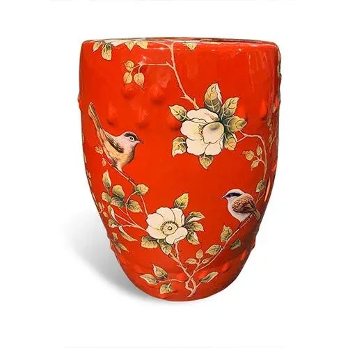 Red ceramic garden stool from Asian intricately detailed with leaves and birds with a glossy finish. Great for the...
