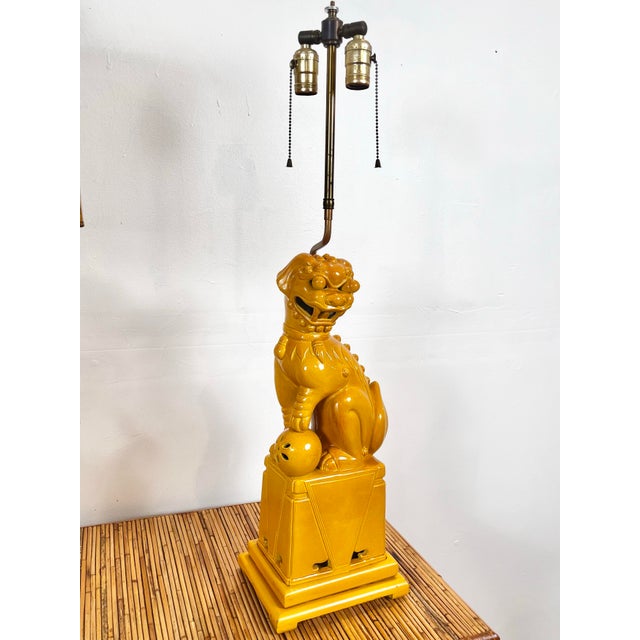 Ceramic Vintage Yellow Ceramic Foo Dog Lamps - A Pair For Sale - Image 7 of 12