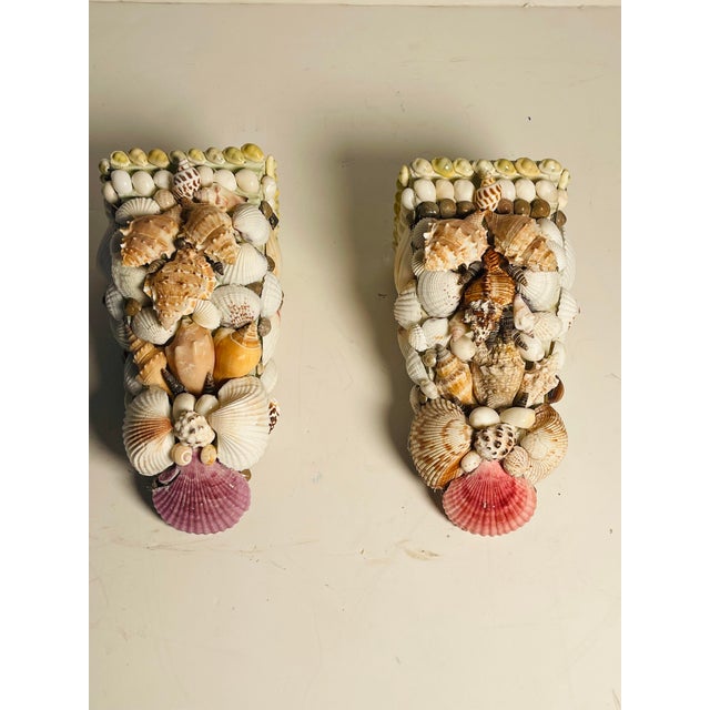 Coastal Vintage Great Pair of Coastal Sea Shell Encrusted Wall Brackets For Sale - Image 3 of 8