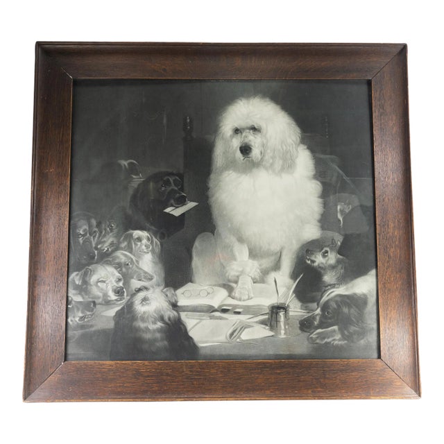 Large 1870's Engraving After Landseer Mission Oak Frame Poodle Judge For Sale