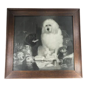 Large 1870's Engraving After Landseer Mission Oak Frame Poodle Judge