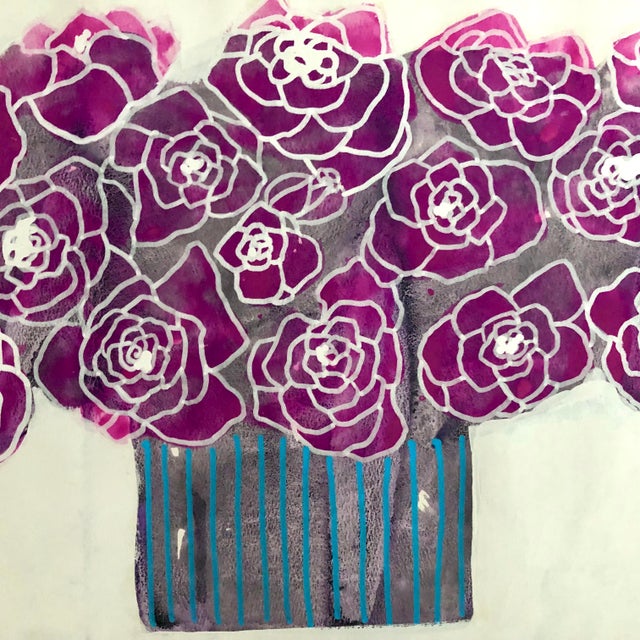 Raspberry Pink Contemporary Original Painting on Paper by CL Auker, “Pink Roses, Blue Stripe Vase” For Sale - Image 8 of 10