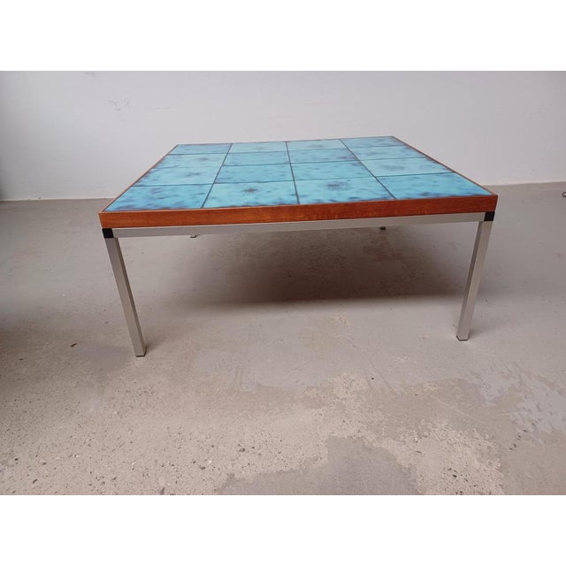 Danish Coffee Table in Aluminium, Teak and Decorated Ceramic Tiles, 1970s For Sale - Image 3 of 9