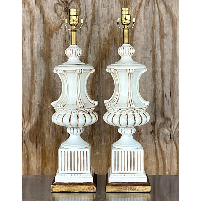 Vintage Italian Neoclassical Glazed Ceramic Urn Table Lamps – A Pair For Sale - Image 12 of 12