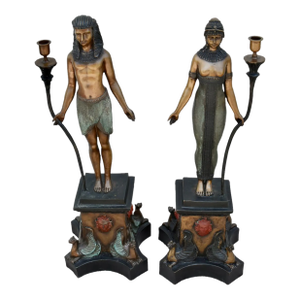 Vintage Pair of Figural Egyptian Revival Bronze Candle Holder's