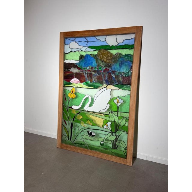 Glass Large Stained Glass Panel with Swan Landscape For Sale - Image 7 of 7