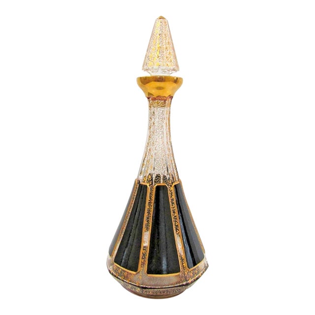 1950s Mid-Century Modern Moser Black Paneled and Gold Fleck Cut Crystal Wine Decanter Carafe For Sale