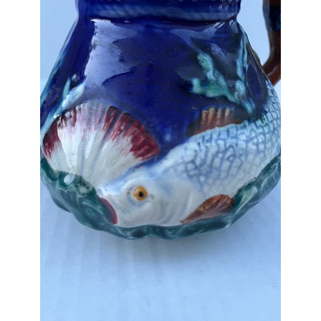 Blue Small Antique Majolica Fish Pitcher For Sale - Image 8 of 9