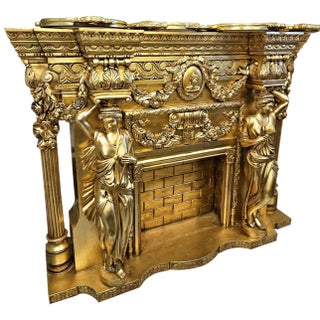 Grand French-Style Fireplace Mantel – Ornate Gold Leaf Finish With Sculpted Bronze Details For Sale