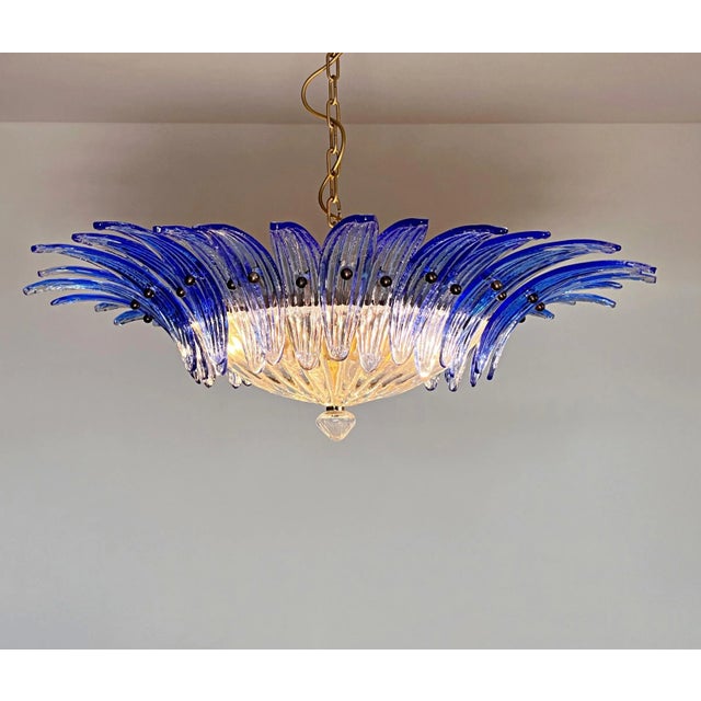Mid-Century Modern Murano Style Chandelier / Ceiling Light Original Palmette, Blue Glasses For Sale - Image 3 of 8