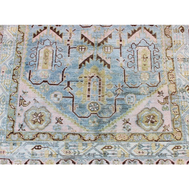 Antique Geometric Design Persian Malayer Rug in Light Blue, Pink, and Green For Sale - Image 11 of 13
