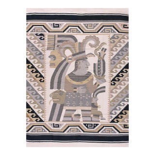 Special Light Gray Color With Unique Figural Design Vintage Mexican Zapotec Flat-Weave Rug For Sale