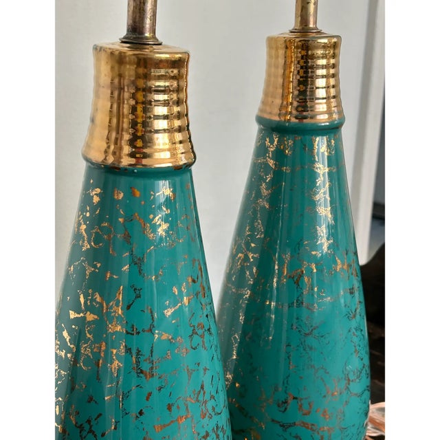 Vintage Mid-Century Modern Ceramic Table Lamps in Turquoise and Gold - A Pair For Sale In San Francisco - Image 6 of 8