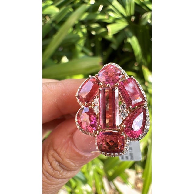 Set in 18k Rose Gold, 8.48 Carats, Tourmaline & Diamonds Cocktail Cluster Ring, Size 6.5 For Sale - Image 11 of 11