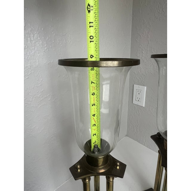 1960s Vintage Brass Hurricane Candle Holders Pair Architectural Glass Lanterns For Sale - Image 5 of 6