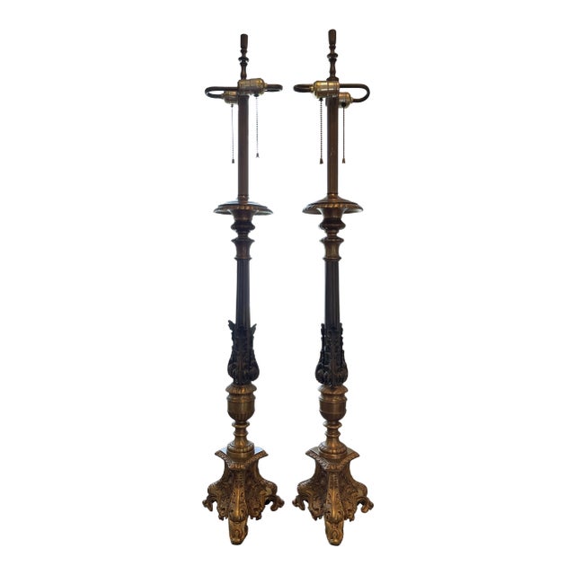 Vintage Mid 20th Century Baroque Mixed Metal Stick Lamps - a Pair For Sale