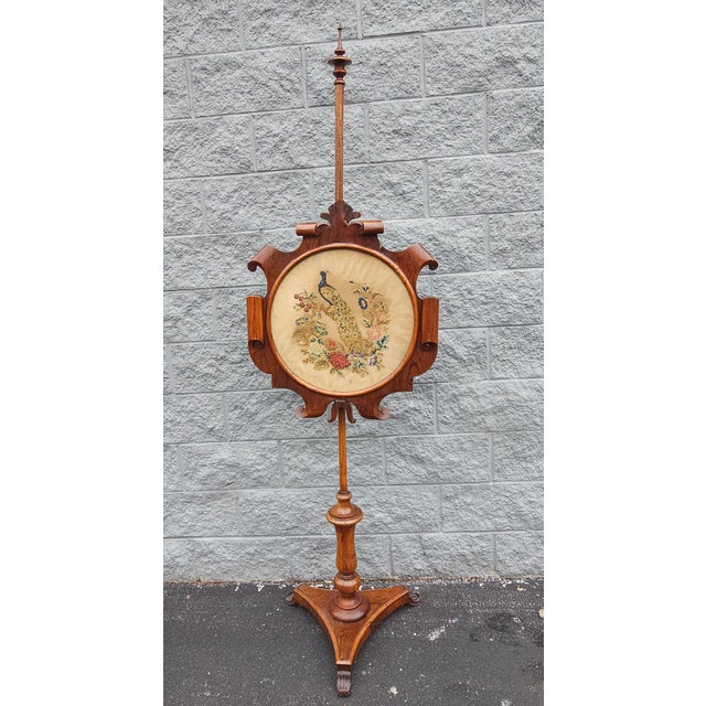 Victorian 19th Century Victorian Renaissance Rosewood Floral and Peacock Needlepoint Pole Screen For Sale - Image 3 of 8