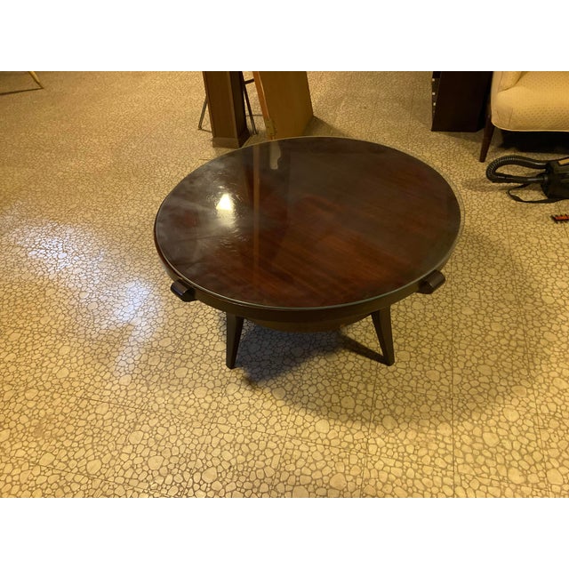 1960s Round Brown Wood Coffee Table W/ Glass Top For Sale - Image 4 of 4