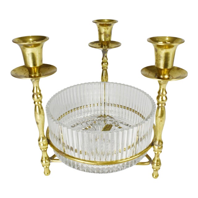 Vintage Teleflora Brass Trio Candle Holder With Bowl Centerpiece For Sale