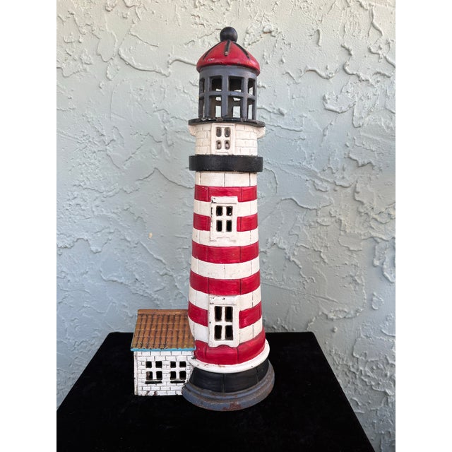 Nautical Vintage Cast Iron Lighthouse Sculpture With Removable Top & Tealight Holder – Nautical Coastal Decor For Sale - Image 3 of 12