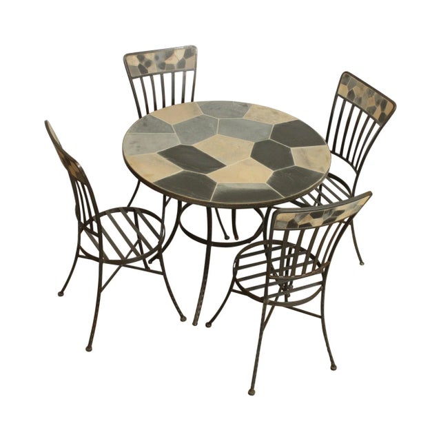 Hand Crafted Forged Iron & Stone Round 5 Piece Table + 4 Chairs Dining Set For Sale - Image 13 of 13