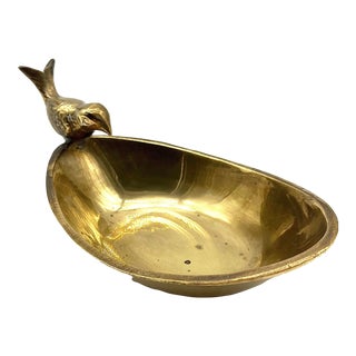 Vintage 6” Oval Brass Bird Dish For Sale