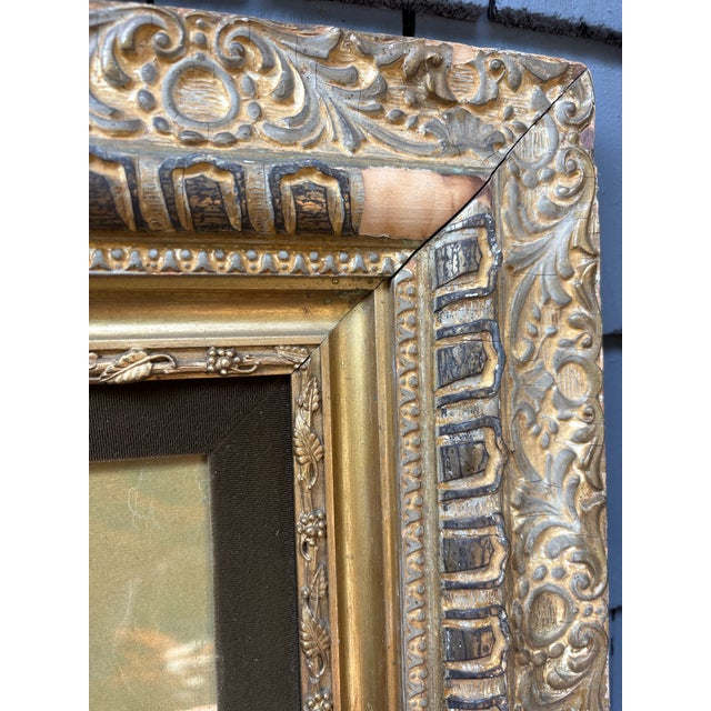 Decorative Antique European Landscape Print Housed in an Ornate Giltwood Frame With Age, Wear and Patina For Sale - Image 9 of 10