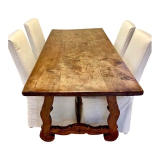 Antique Italian Trestle Table in Walnut With Iron Stretcher For Sale