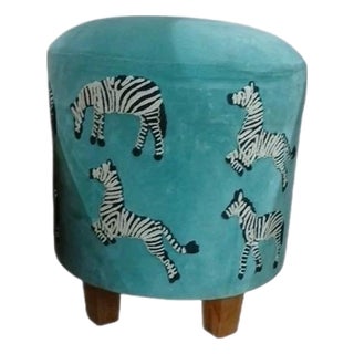 Art Deco Ottoman Velvet Aqua Blue Zebras Embroidered Wood Feet Adult Child Tribal Jungle For Sale