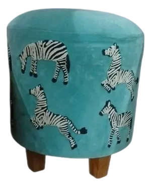 Art Deco Ottoman Velvet Aqua Blue Zebras Embroidered Wood Feet Adult Child Tribal Jungle