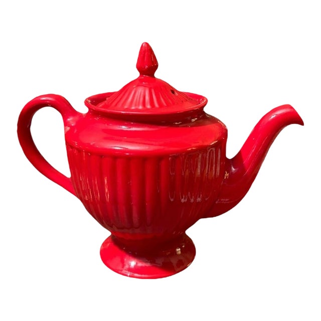 Vintage Hall Pottery Red Ribbed Tea Pot, Usa For Sale
