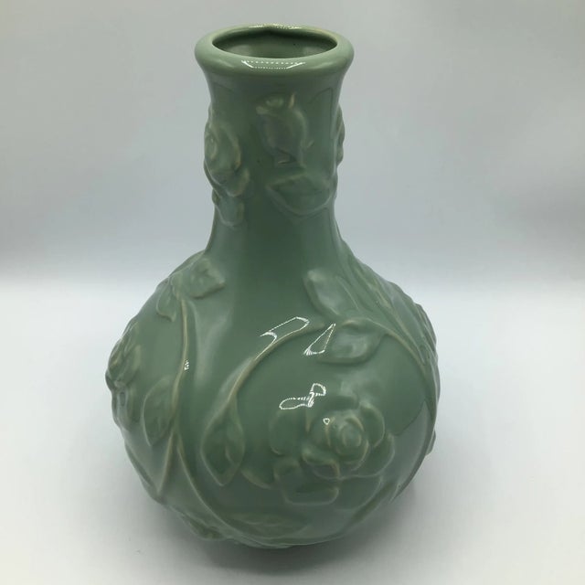 Chinese Celadon Style Climbing Rose Pattern Porcelain Vase For Sale - Image 3 of 13