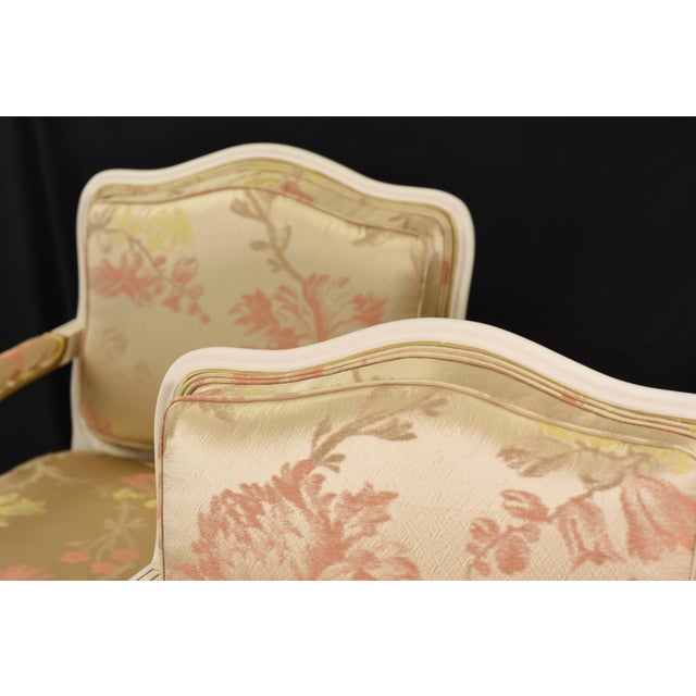 French Pair Scalamandre Mallorcan Salmon Magical Silk Lampas Reupholstered Vintage Accent Chairs For Sale - Image 3 of 15