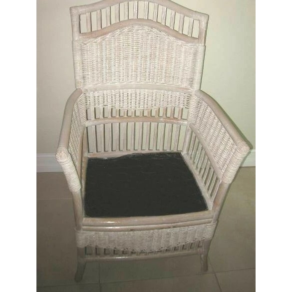 1980s Wicker Rattan Hollywood Regency Armchair With Cushion Henry Link Style Cottage For Sale - Image 4 of 7