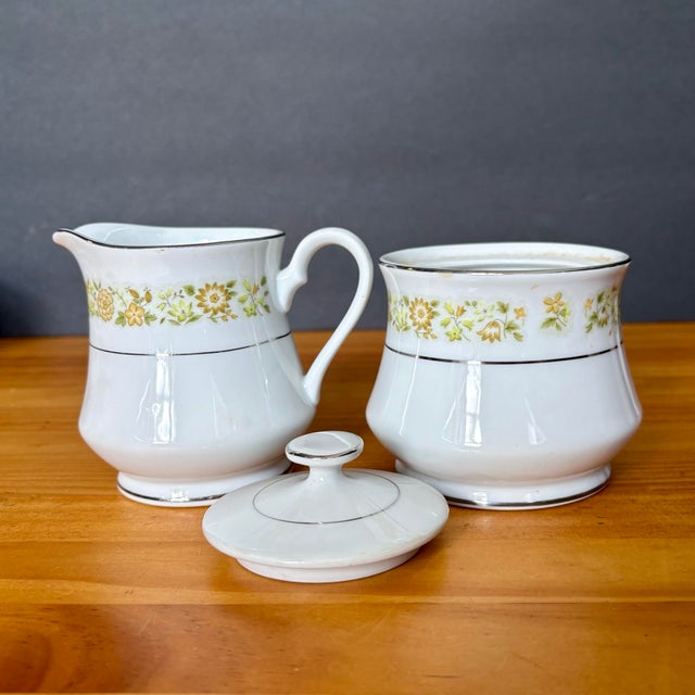 Vintage Towne House Spring 3094 Creamer & Sugar Bowl Set • Yellow Floral Band and Silver Trim For Sale - Image 4 of 8
