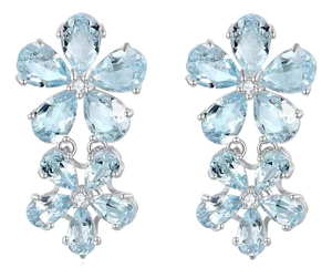 Nina Zhou Aquamarine Diamond Double Blossom Drop Earrings in 14k Solid Gold - A Pair