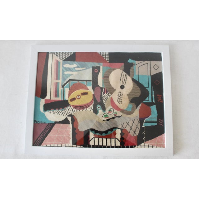 White Vintage "Mandolin and Guitar" Picasso Needlepoint Tapestry Framed Mid Century For Sale - Image 8 of 12